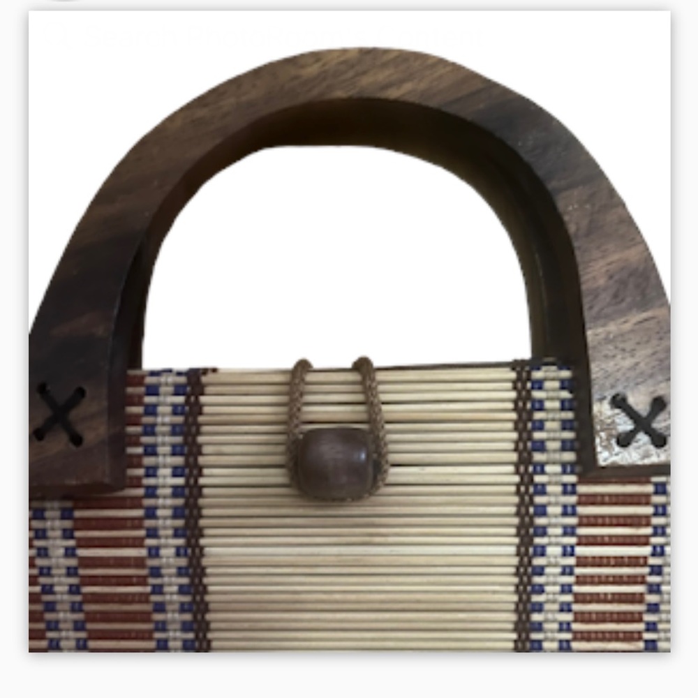 Vintage Collapsible Bamboo Handbag Slatted Double Wooden Handle Rectangle Purse - Picture 13 of 16